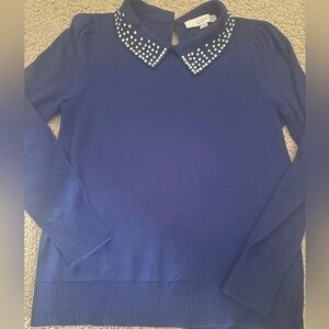 NWOT LOFT Blue Sweater with Embellished Rhinestone Collar